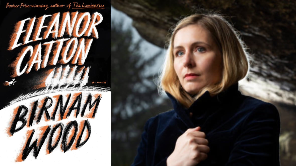 A black, white and orange book cover with stylized text and the book's author, a blond woman wearing a navy coat looking off into the distance.