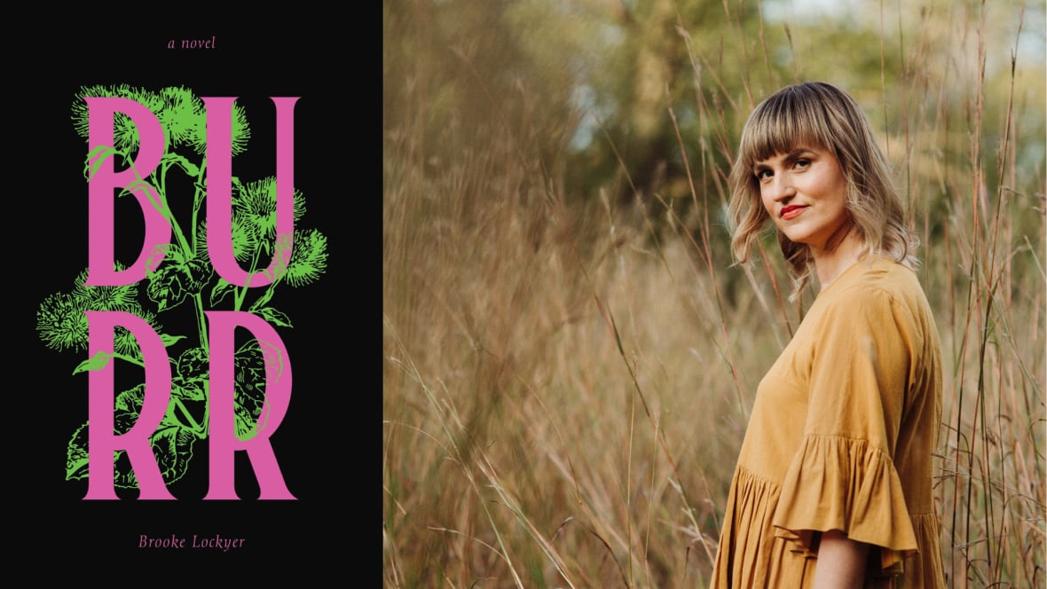 A black book cover with pink text and illustrated green burrs. A photo of a blond woman with bangs standing in a prairie field.