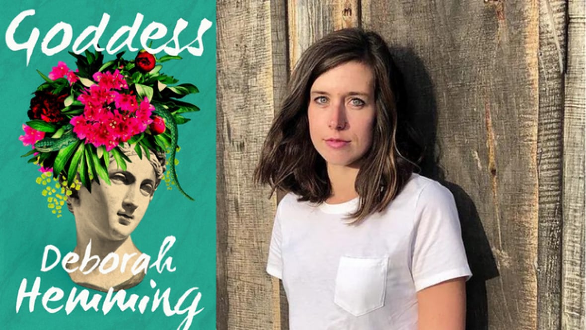 A green book cover featuring a Greek statue head wearing a glove grown and the book's author, a woman with light brown hair wearing a white T-shirt.