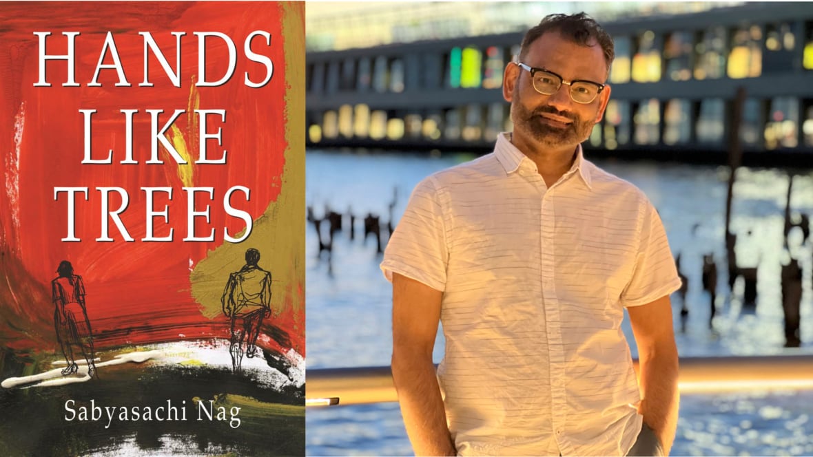 A book cover featuring a pencil drawing of two men on a bred and gold painted backdrop. A photo of the book's author, a man with short hair and glasses with a short-sleeve dress shirt.