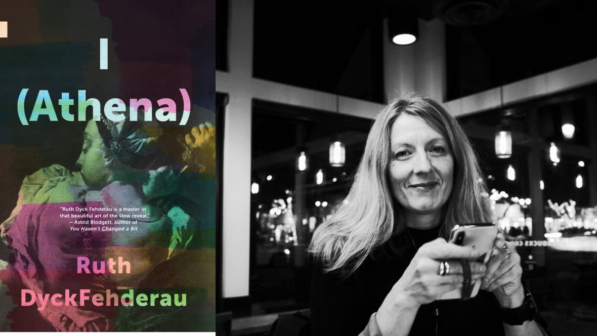 A photo of a Greek statue with an ominous rainbow filter over it. A black and white photo of the book's author, a blonde woman with long hair holding her phone.