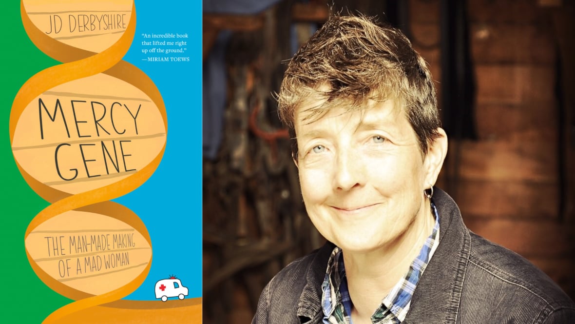 A book cover featuring a blue and green wood-like DNA spiral. a photo of a smiling nonbinary person with short hair and an earring.