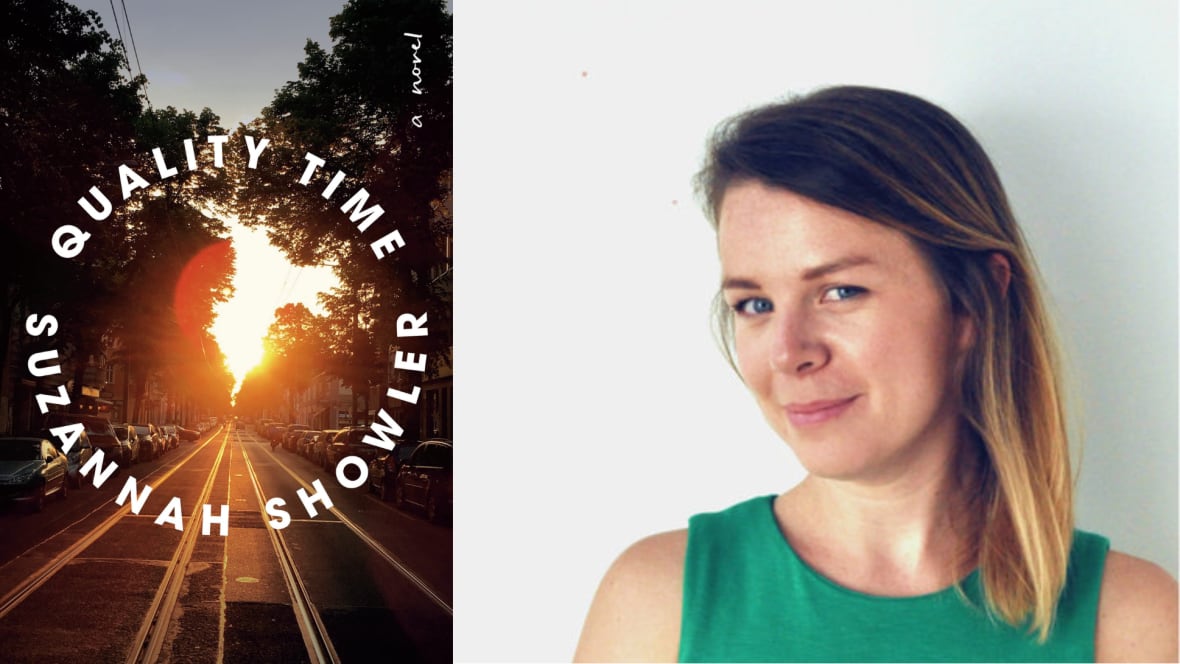 A book cover featuring a city street lit in religious lit and a photo of the author, a smiling woman with light brown hair and a green shirt.
