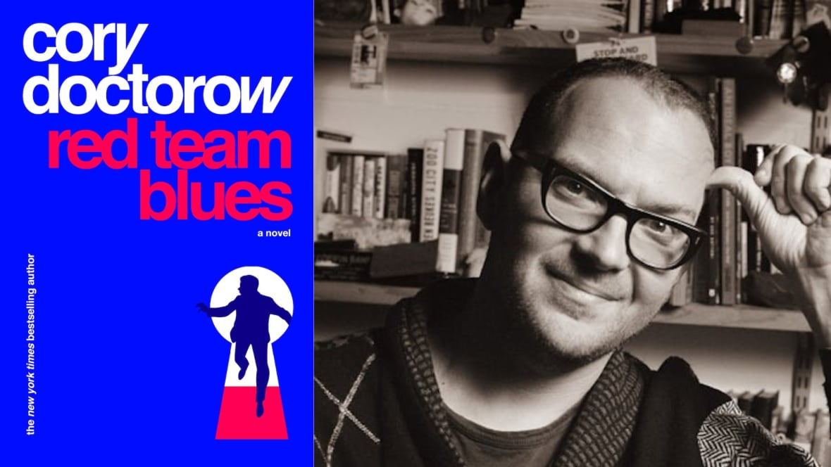 A blue book cover featuring an illustration of a man running through a key hold and a sepia toned photo of the book's author, a man with glasses and short hair.