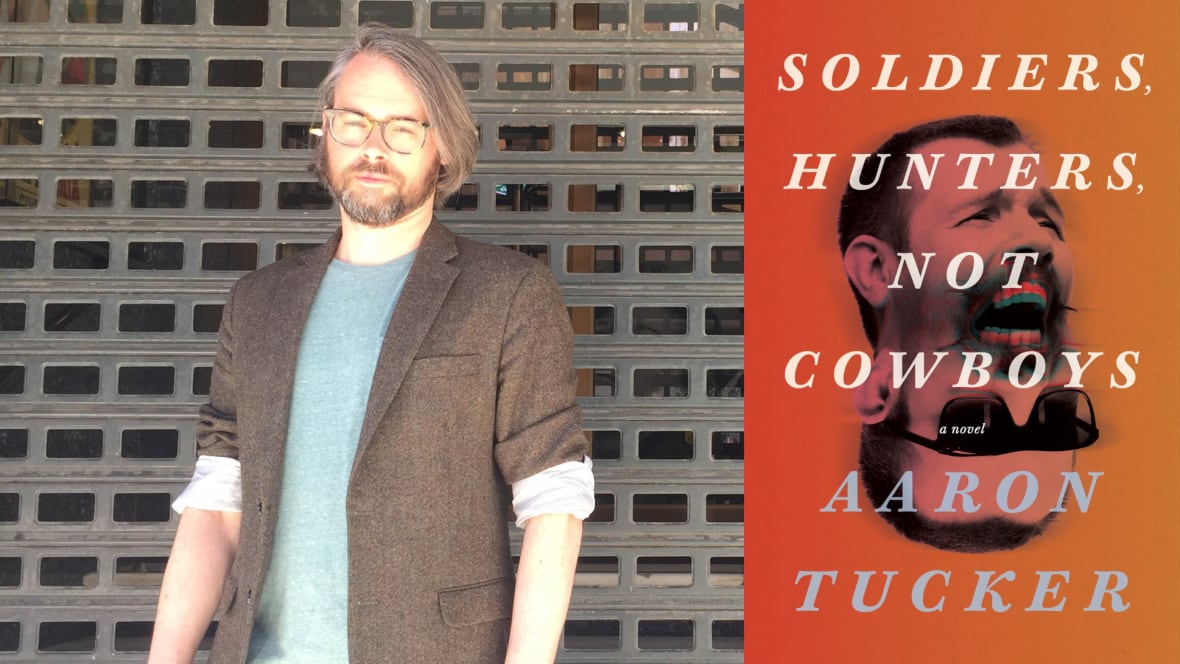 A composite photo of an orange book cover with the head of a man and the book's author, a man with longer hair, glasses and a blazer standing in front of an artsy wall.
