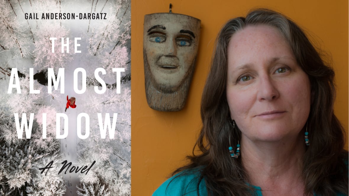 A book cover featuring a woman wearing red walking in a snowy forest and a photo of the book's author, a woman with long brunette hair wearing turquoise earrings.