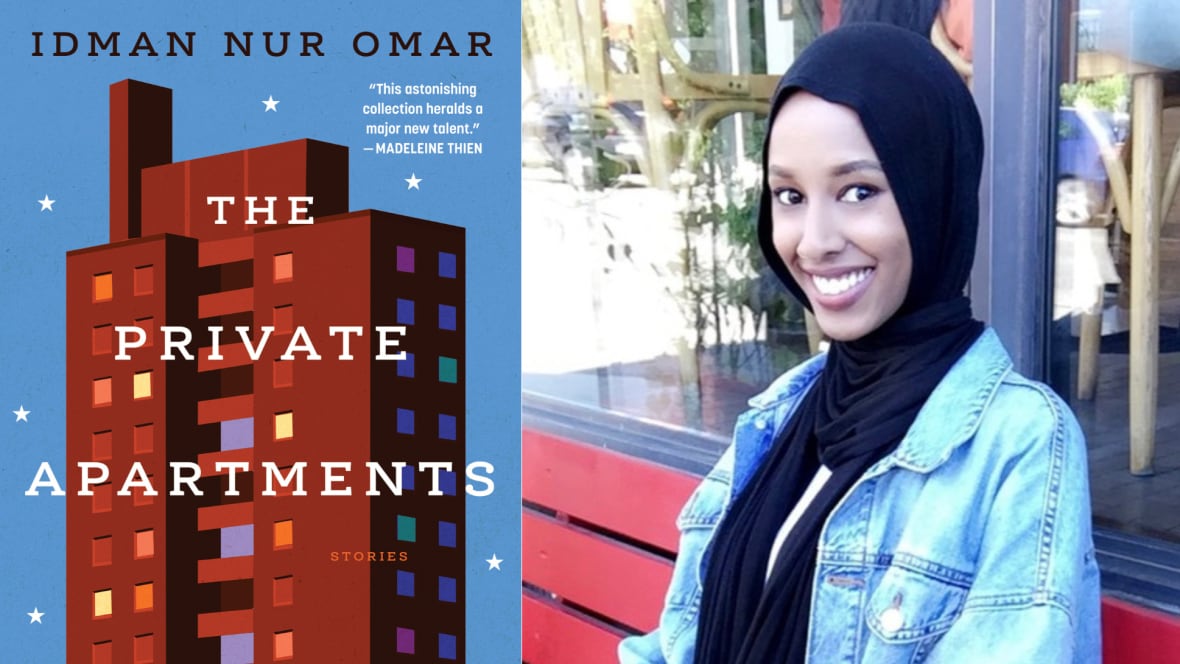 A book cover featuring an illustration of an apartment building. The book's author, a young woman wearing a black hijab.