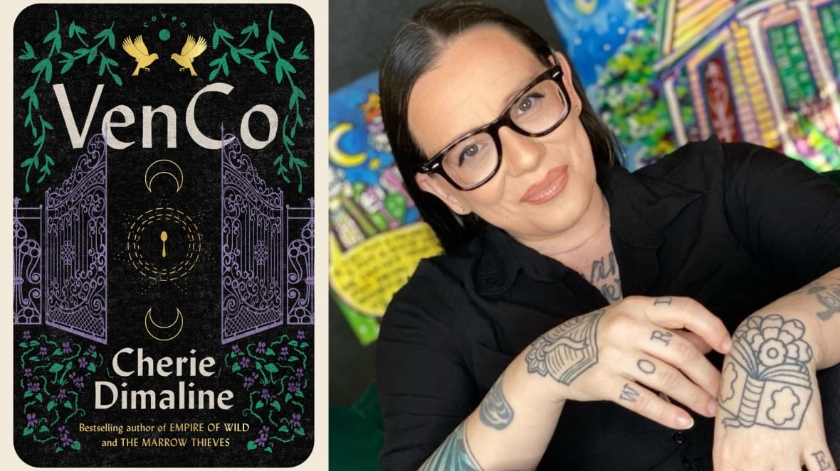 The black book cover features a gothic illustration of purple iron gates opening with green ivy plants surrounding the gates, two gold birds above and in the opening of the gates, three symbols: two crescent moons and a gold spoon with a circle of gold light beams around it.