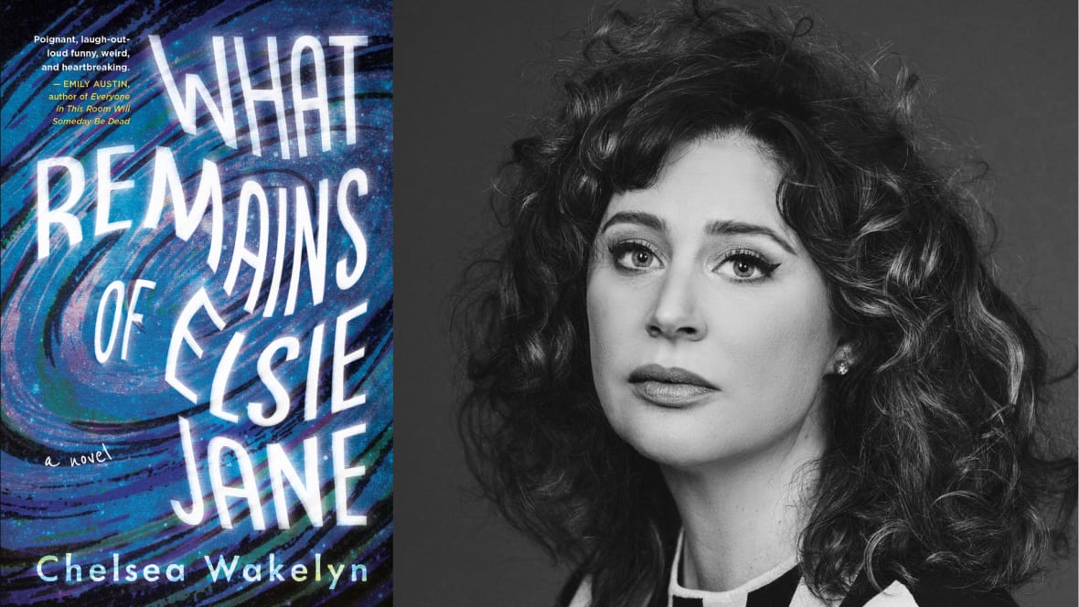 An illustrated book cover featuring a space-like blue and spiral galaxy spiral. A black & white photo of a woman with curly shoulder-length hair.